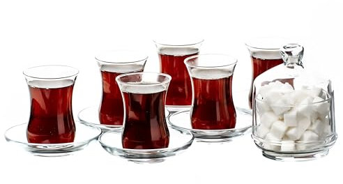 Set da Tè turco Tradizionale da 13 Pezzi con Motivo, 6 Bicchieri, 6 tazze da tè (115 ml/4 oz), 6 piattini e Zuccheriera con Coperchio in Vetro (260 ml/8,7 oz)