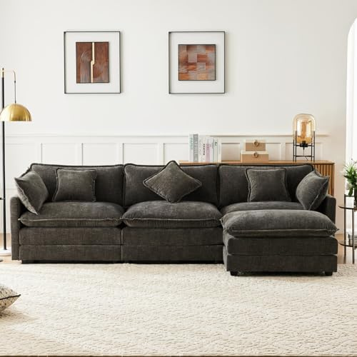 KOMHTOM Canape d Angle Gris/Beige avec Coussins, canape 3 Places avec Pouf Canapé Moderne pour Salon Grand canapé (Gris foncé)