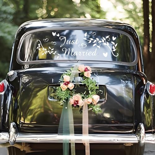 Just Married Auto Aufkleber, Stilvoll Love Hochzeit Autoaufkleber Wandaufkleber Fenster Aufkleber, Wasserdichte Vinyl Sticker Dekoration für Flitterwochen Hochzeitstag Auto Karosserie Seitenspiegel