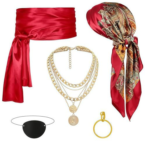 MUNSKT Accessoires de costume de pirate pour femmes, foulard et écharpe, chaîne de taille, bracelet, bague de nez, cache-œil, ensemble de costume pour Halloween, carnaval et cosplay