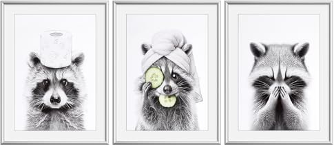 3PCS Lustige Waschbär Bilder Badezimmer Schwarz Weiß Leinwand Bild Bad | Wandposter&Kunstdrucke Gäste WC Poster Toilette Badezimmerdeko WC Bilder Deko Bild für Badezimmer Wand 21.2*31.3CM Ungerahmt