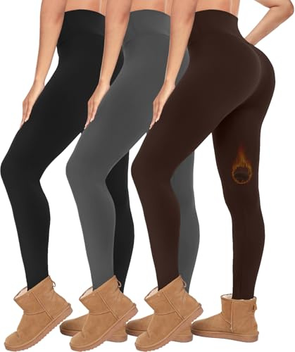 Diu Life 3 Pack Fleece Lined Leggings for Women Thermal Tummy Control High Waist Running Tights Winter Workout Yoga Pants