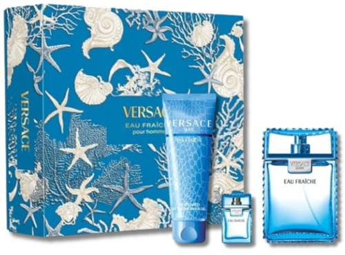 Versace Man Fraiche by Versace for Men – 3 Stück Geschenkset 3,4 oz EDT Spray, 0,17 oz EDT Spray (Mini), 5 oz Bath and Shower Gel