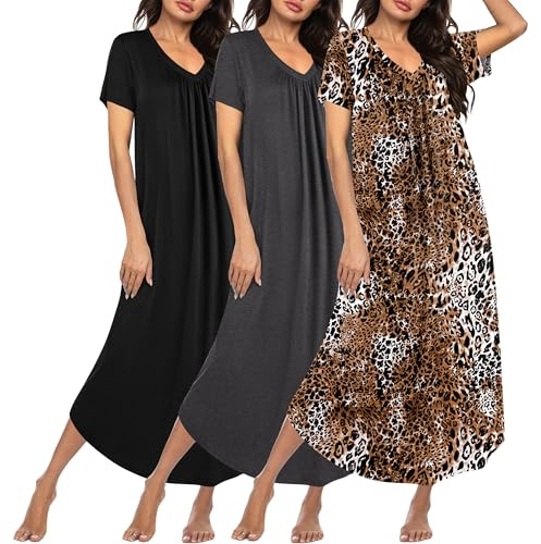Ekouaer 3 Pack Long Nightgowns for Women Plus Size House Dress Short Sleeve Night Gown V Neck Casual Nightshirt Black/Grey/Leopard XX-Large