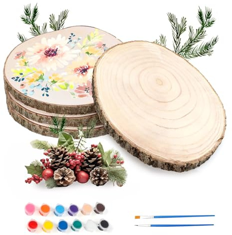 4 Stück Holzscheiben, 18–20CM und eine dicke von 15 mm Rund Baumscheibe Holzplatte, Unvollendete Holzkreise mit Farben & Stifte für Tafelaufsätze, Aus Holz Gemälde, Untersetzer, Basteln, DIY