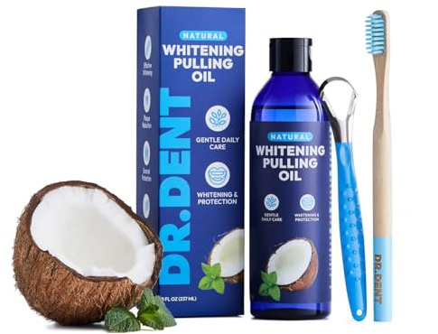 DR.DENT Coconut Oil Pulling Mouthwash – Natural Teeth Whitening & Fresh Breath – Alcohol-Free - Fluoride-Free, 237ml - Toothbrush and Tongue Scraper Included