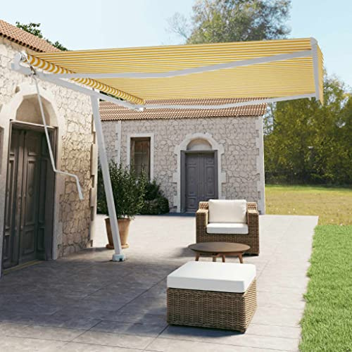 Youuihom Standmarkise Automatisch 400x350 cm Gelb Weiß mit Fernbedienung und Handkurbel UV beständiger Markisenstoff für Terrasse Balkon und Garten
