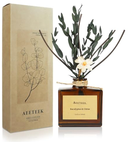 Aeeteek Reed Diffuser, Eucalyptus & Citrus Scented Oil Diffusers for Home with Dried Flowers, 3.4 Fl Oz Essential Oil Diffuser for Bathroom, Elegant Fragrance for Room Decor