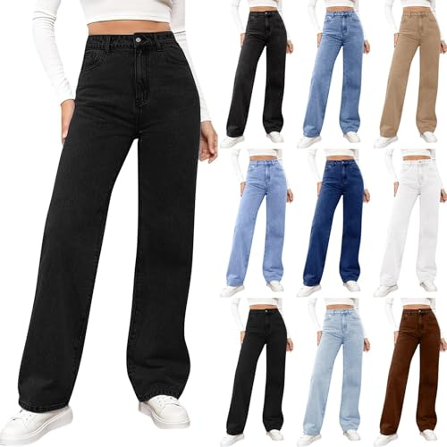 DUHGBNE Jeans Donna Vita Alta Jeans Donna Curvyy Gamba Dritta Pantalone Pantaloni in Denim Tinta Unita con Taschee Taglie Forti Elasticizzati Palazzoo Pantaloni Donna Baggy Wide Leg Fit