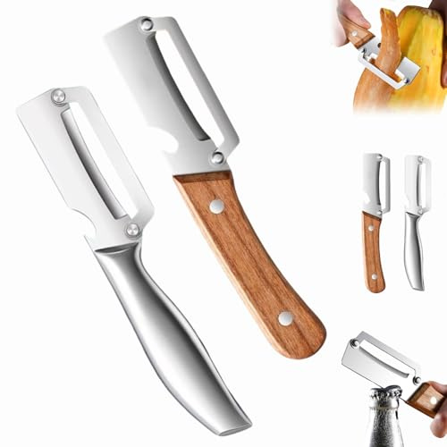 Multi-Functional Vegetable Peeler for Kitchen - Ultra Sharp Stainless Steel Blades, Julienne Vegetable Peeler with Wooden Handle and Bottle Opener, for Easy Potato, Fruit & Veggie Peeling (A+B)
