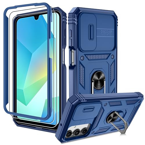 Pilaru Handyhülle für Samsung Galaxy A26 5G Hülle, Kameraschutz Case mit 2 Stück Schutzfolie, 360° Drehhalter Ring Schutzhülle Militär Cover Cases Outdoor Stoßfest Handy Hüllen A 26 5 G Blau