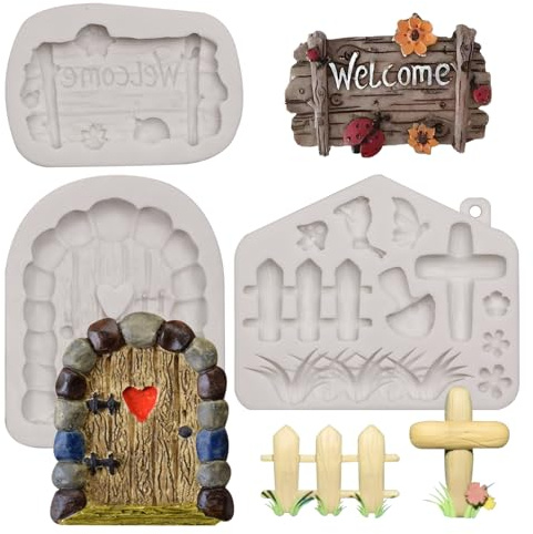 Garden Fairy Silicone Mold Set, 3-Piece Set | Gartenfee-Design, Gnomengarten-Motiv, Willkommensschild, Kreuzzaun-Design, Schokoladenformen