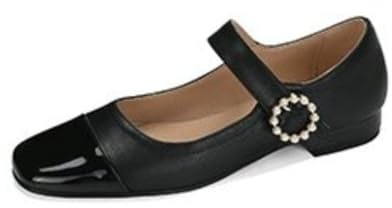 Mary Janes Rétro Femme Bout Carré Dessus en Cuir PU Durable Bride Cheville Flats avec Boucle Perle Talons Bas Chaussures Décontractées Bureau,Noir,35 EU