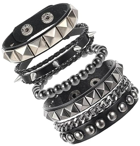 Zovator Set de 4 pulseras de cuero con remaches de pinchos, juego de joyería estilo punk para mujeres, pulsera de cuero suave con tachuelas metálicas para conjuntos grunge, gótico, rockero