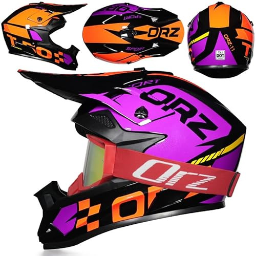 Motocross Helm für Kinder, Unisex Vollvisier Helms in Lila, Off-Road Rennhelm mit Schutzbrille, Leichter und Stoßfester Helm für BMX, MTB, ATV, Enduro,Purple5-s (53_54)