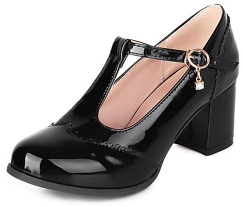 Dam T-rem blockklack Mary Jane pumps rund tå högklackade för skola kontor och vardagliga utflykter slip-on PU övre bekväm passform, Svart, 46 EU
