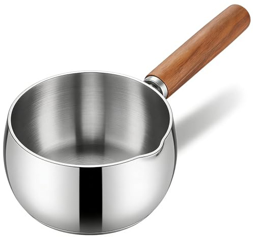Demlaka Casserole à lait 500 ml en acier inoxydable avec poignée en bois, petite casserole, chauffe-beurre, pot à lait, compatible avec les plaques à induction, mini-casserole à lait et chauffe-beurre