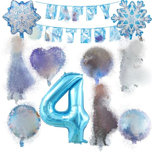 4 ans Ensemble de décoration d'anniversaire sur le thème bleu pour une fille, 11 pièces de ballons pour l'anniversaire d'enfants, Flocon de neige, Ballons de personnages de dessins animés, Bannière