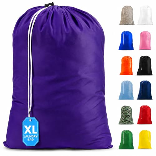 Handy Laundry Extra Large Heavy Duty Laundry Bag, 30 x 40 Nylon, Durable & Machine Washable, Locking Drawstring Closure, Fits Hamper or Basket, Travel & Dorm Room Essentials, Purple