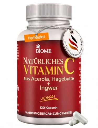 BIOMENTA Natürliches Vitamin C – aus Acerola + Hagebutte kombiniert mit Ingwer - 120 Kapseln hochdosiert (238% NRV/Tagesverzehr) - vegan - MHD 30.11.2026
