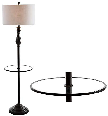 JONATHAN Y 60 Oil Rubbed Bronze Metal and Glass Tray Table Floor Lamp, Traditional Standing Lamp with White Linen Drum Shade for Living Room, LED Bulb Included JYL3057A
