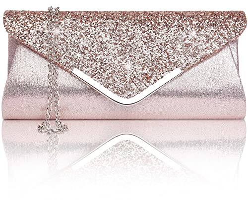 Larcenciel Damen Clutch Abendtasche Unterarmtasche Umhängetasche mit Strass-Steinen und Abnehmbarer Kette in den Farben Silber Gold Altrosa (rose)