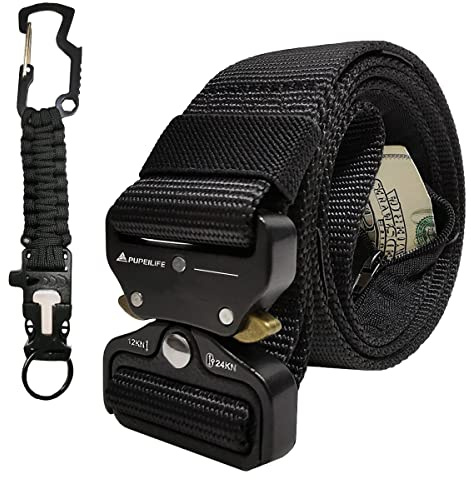 Tactical Style Travel Money Belts - Hidden Pocket Concealed Zipper Nylon Belt for Man Waist Below 42 Inches Included EDC Paracord Keychain 2 Items in Pack - Black