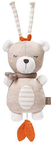 Fehn 052022 Mini-Spieluhr Teddy NATUR–Kuscheltier & Einschlafhilfe aus zertifizierter Bio-Baumwolle (kbA)–Melodie „Schlaf Kindlein Schlaf“ beruhigt zuhause & unterwegs–für Babys & Kleinkinder, Braun