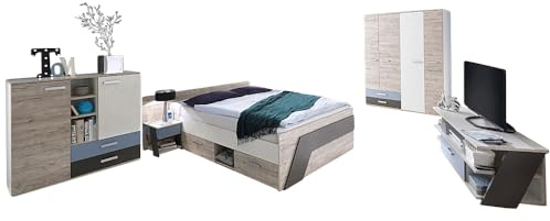 Lomadox Jugendzimmer Kinderzimmer Komplett Set, Sandeiche mit weiß, Lava blau, 140 x 200 cm Kojenbett, Kleiderschrank, Nachttisch, Kommode, TV Lowboard