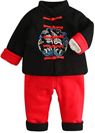 Mud Kingdom Toddler Boys Fleece Lining Outfits Chinese New Year Tang Suit for Boy Frog Button 2-Piece Set Black 4 Years