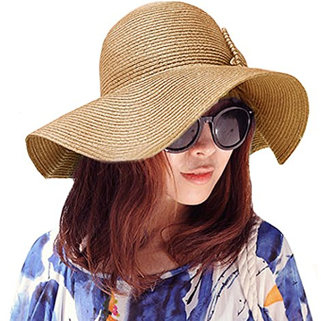 MEGAUK Damen Stroh Faltbar Sonnenhut mit Breiter Krempe Strandhut Große Schleife Strohhut Sommerhut Damenhut Sommer Strand Hut - Ideal für Urlaub am Strand (Khaki)