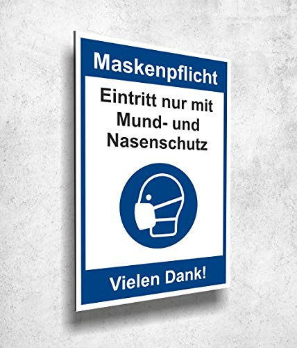 Aluverbund Schild Eintritt nur mit Mundschutz 20x30cm UV Druck - 3mm Stärke - Made in Germany Art.Nr.1011