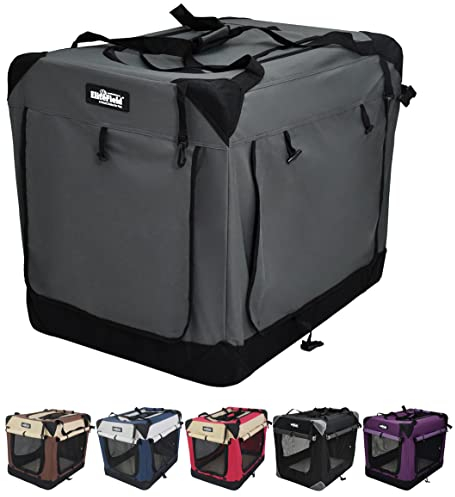 EliteField Hundebox mit 4 Türen, faltbar, weich, mit Vorhängen, Tragetasche und Fleece-Bett, für drinnen und draußen, 50,8 cm L x 35,6 cm B x 35,6 cm H, Grau + 4 Türvorhänge)