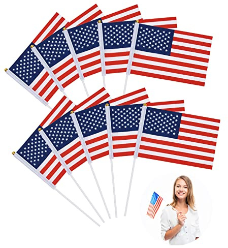 USA Stick Flagge, Stars and Stripes Banner, Mini Fahnen für Sportveranstaltungen, Volkstrauertag und Nationale Feierlichkeiten - 14X21cm, 10 Stück