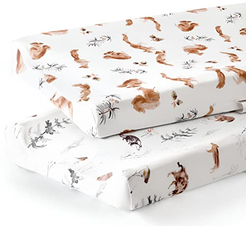 GRSSDER Stretch Ultra Soft Jersey Knit Changing Pad Cover Set 2 Pack, Change Table Pad Covers Fit 32/34 x 16 Pads Safe and Snug, Pretty Pattern for Boys and Girls, Cute Jungle Squirrels and Animals