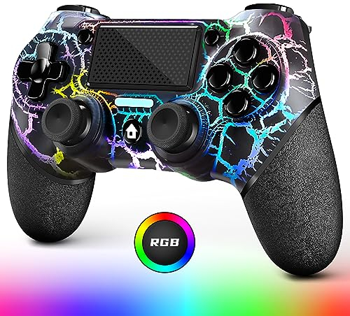 AceGamer OLED Mando Inalámbrico para PS4, Crack Negro Diseño Personalizado con Luz RGB, Batería de 1000mAh, Jack de Audio de 3.5mm y Función Turbo, Compatible con PS4/Slim/Pro y Windows PC