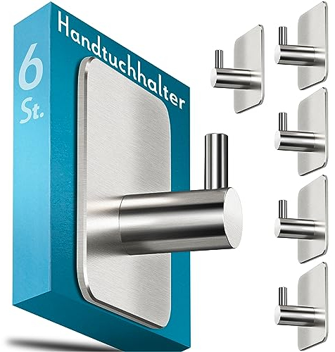 Menz Handtuchhalter ohne Bohren, 6 Stück - Edelstahl Badezimmer Handtuchhalter, wasserfeste Klebehaken, langlebige Haken fürs Bad, Haken selbstklebend, ideal als funktionale Handtuchhaken
