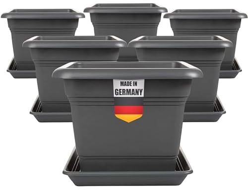 LIVINJA Pflanzkübel Eckig 28x28 Anthrazit 6er Set â€“ Robuste, GroÃŸe Blumentöpfe, Frostsicher, mit Untersetzer für Garten & Balkon