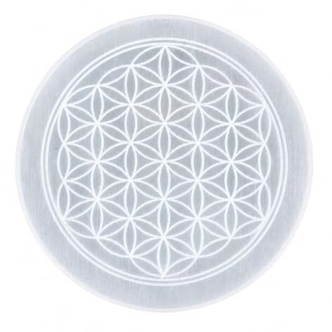 ANAYA AGATE Selenite Charging Plate with Flower of Life Design - 4 Engraved Healing Crystal Charger | Round Disc Plate for Home, Office, Table Decor | Amplify Energy, Crystals and Healing Stones