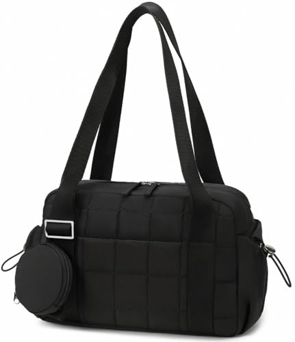CAMTOP Mini Gym Bag for Women, Small Gym Tote Bag Puffy Quilted Sports Duffel Bag with Wet Compartment and Coin Purse Duffel Bags Dance Yoga Workout Bag for Gifts (All Black, Mini-12.6)