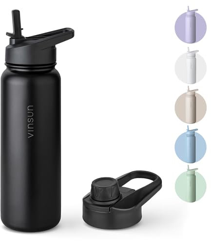 Vinsun Thermosflasche schwarz 750ml - auslaufsicher, Kohlensäure geeignet, BPA frei - Strohhalm, Trinköffnung - isolierte Trinkflasche Edelstahl für Sport, Schule, Fahrrad, Büro, Camping