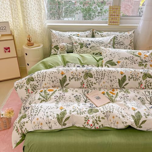 Nyescasa Housse de Couette 220x240 Coton Vert Blanc Feuilles Fleurs Floral Réversible Parure de lit Adulte 2 Personnes Sets de Housses de Couettes avec Fermeture Éclair et 2 Taies d'oreiller 65x65 cm