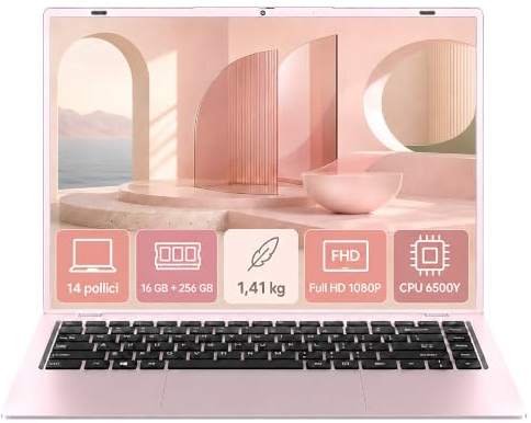 LONGEVINCE 2026 Nuovo PC Portatile 14 Pollici Laptop,Win 11 pro, Pentium Gold 6500Y,16GB RAM 256GB SSD,Privacy cam, WiFi5,Tastiera italiana Retroilluminata Ultrabook,Rosa pallido