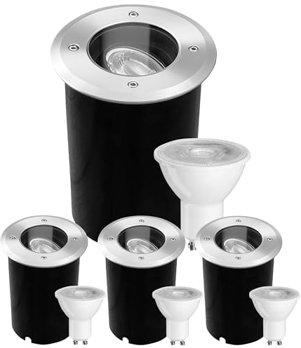 JNR 4er Set Bodenstrahler Außen Schwenkbar GU10 IP67 Wasserdicht mit LED 5W 3000K Warmweiß, Bodeneinbaustrahler Aussen 230V Bodenleuchten Außen, Silber