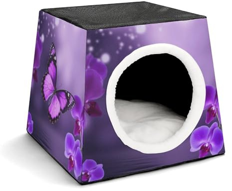 QWJKM Purple Butterfly Capsule Cat Bed Stylish Cozy Space Foldable Windproof Dog House Cat Cave Cube Suitable for Small Pets