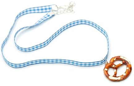Miniblings Brezel Kette 50cm Wiesn Oktoberfest blau kariert Silber | In Berlin von Hand montiert, mit Stoffkette, ein Stück mit Persönlichkeit