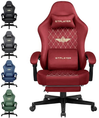 GTPLAYER Gaming Stuhl Stoff Gaming Chair Ergonomisch Bürostuh PC Stuhl, 150kg Belastbarkeit, Verstellbarer und Drehbarer Schreibtischstuh mit Federsitzkissen und Fußstütze, Rot