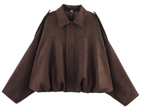 Vinuwu Giacca Bomber Donna Pelle Scamosciata Corta Giacca di Transizione Giacca Bomber con Zip Tasca Streetwear Giacca Invernale per Autunno Transizione, caffè, S