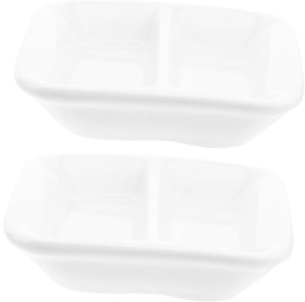 MUELODSIC 2 piezas Bandeja para Aperitivos de Cerámica Blanca de Doble Compartimento para Salsa y Condimentos Resistente Manchas y Rayaduras para Servir Snacks y Especias Reutilizable