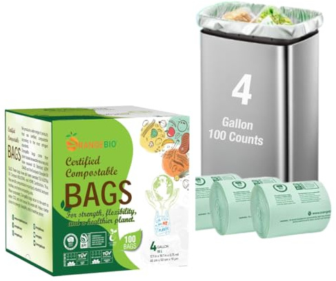 OrangeBio 4 Gallon Compostable Trash Bags, 100 Count, Small Bin Liners for Kitchen, Bathroom & Food Waste, Plant-Based Garbage Bags, BPI & TÜV OK Compost Home Certified